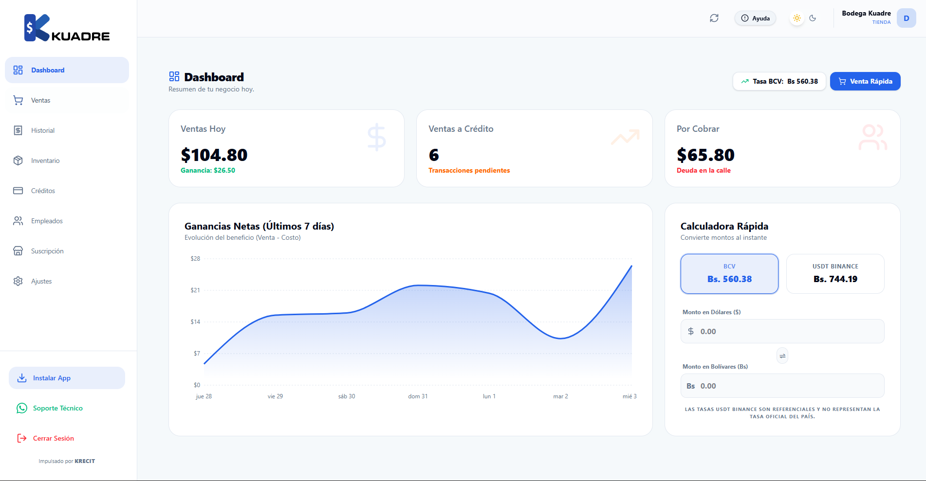 Dashboard de Kuadre en Escritorio